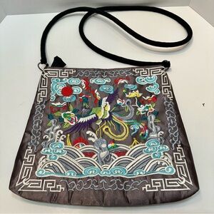 Embroidered Crane & Wave Chinese Asian Art metallic Gray Handbag Boho Chic
